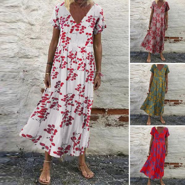 

oversized womens floral sundress zanzea 2021 kaftan printed summer dress short sleeve maxi vestidos female casual robe femme, Black;gray