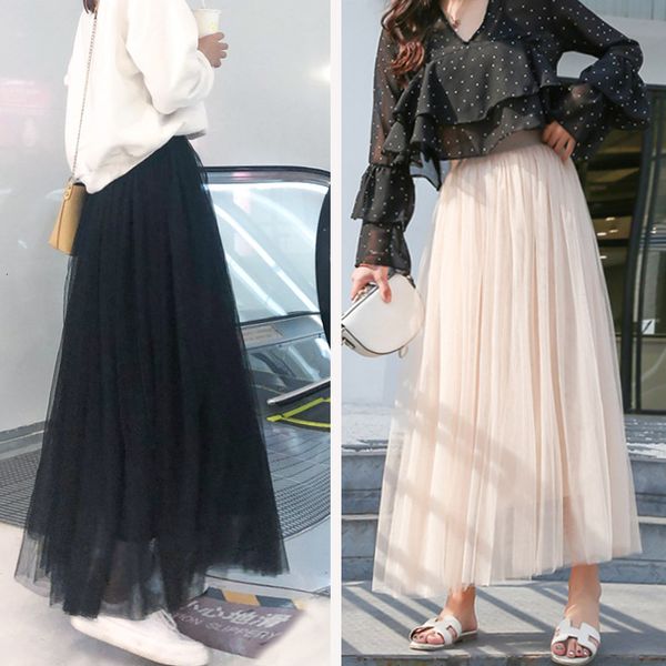 

spring summer mid length korean high waist slim and versatile a-line pleated shawl gauze skirt, Black