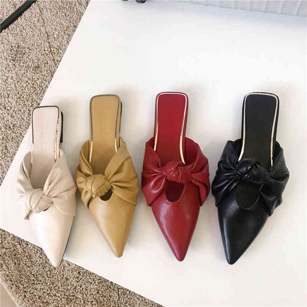 

fashion women slippers pointed toe shallow slides slip on mules shoes flats heeled arrivals summer bow loafers slides 210513, Black