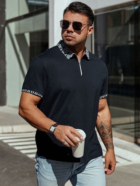 

men geo print trim polo shirt m64h#, White;black