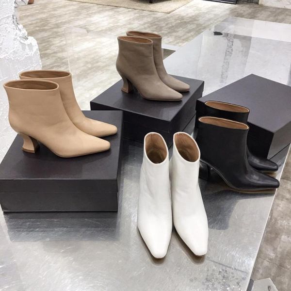 

boots shoes women winter ankle high heels genuine leather pointed toe slip on zapatos de mujer, Black