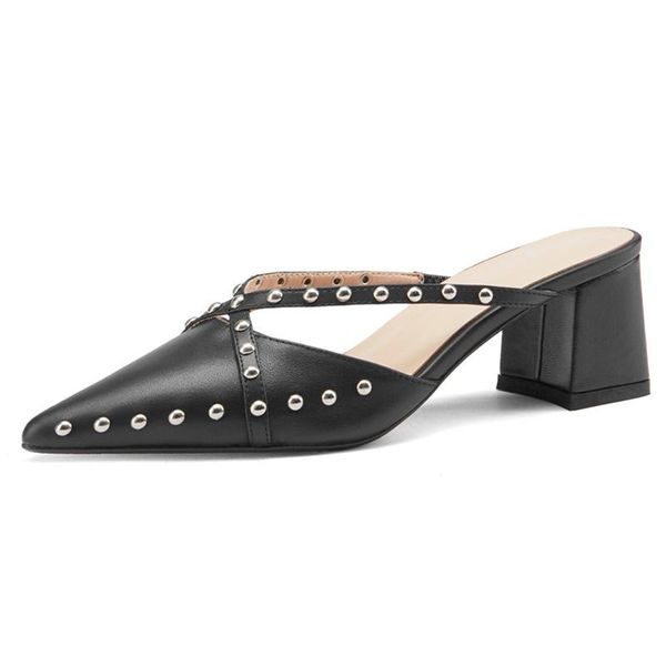 

summer women's slippers genuine leather point toe square heel height about 5.5 cm rivet casual female shoes, Black