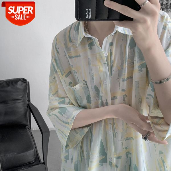 

korean style ins lazy loose personality art print short-sleeved shirt men's drape #nr4r, White;black