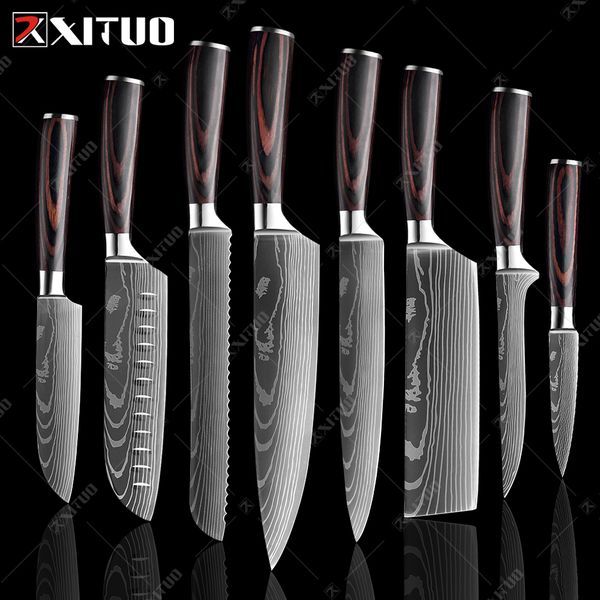 

xituo kitchen knives set 8 inch chef japanese 7cr17 high carbon stainess stee damascus aser pattern sicing santoku knife