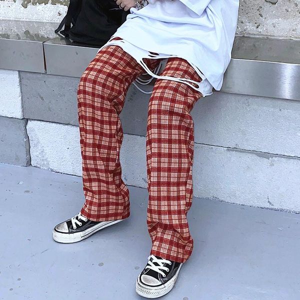 

women's pants & capris summer korean ins loose causal style high waist harajuku red plaid wide leg for women clothing straight trousers, Black;white