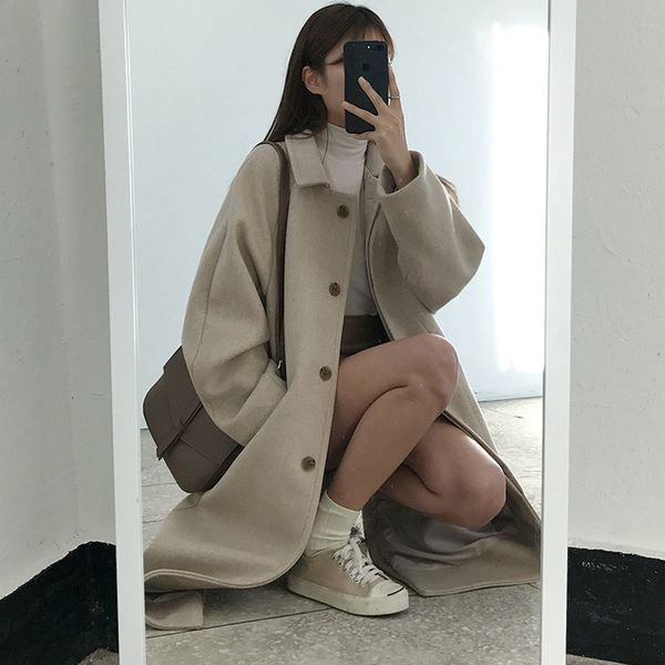 

women's sweaters 2021 autumn and winter plain wool coat single solid colour breasted female lapel mid-length, White;black