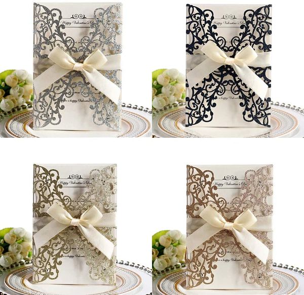 

Wedding invitations, hollow flower invitations, most suitable for bridal showers, engagement parties, [cover+blank card+ribbon], Black