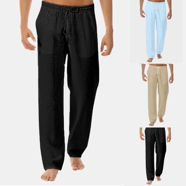 

30h men's summer long pants solid style and fashionable pure oversized cotton linen loose trousers dro, Black