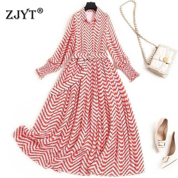 

spring runway fashion shirt collar mid calf geometric print chiffon dress women clothes elegant casual holiday festa 210601, Black;gray
