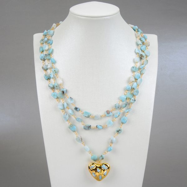 

guaiguai jewelry blue larimar rosary chain necklace heart-shaped larimars pendant statement necklace handmade for women real gems stone lady, Silver