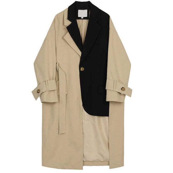 

women's trench coats [ewq] korea autumn casual trend women lapel single button contrast stitching loose fashion long-sleeved windbreake, Tan;black