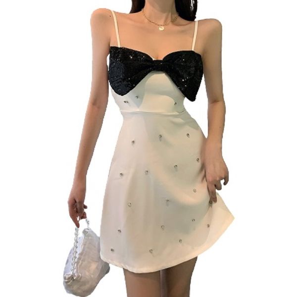 

summer sweet spliced color contrast diamond sequins bowknot sleeveless strap dress bodycon mini party d3037 210514, Black;gray