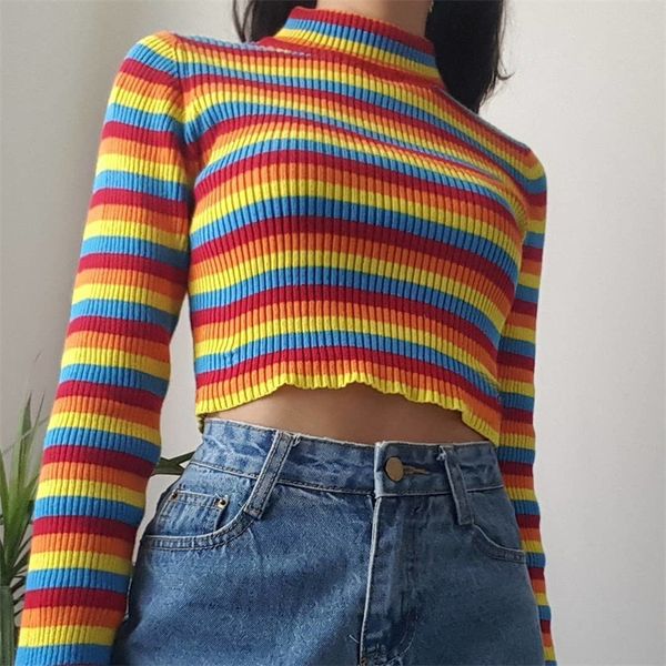 

turtleneck fashion rainbow sweaters knitted pullovers women winter sweater loose pullover jumpers female 210419, White;black