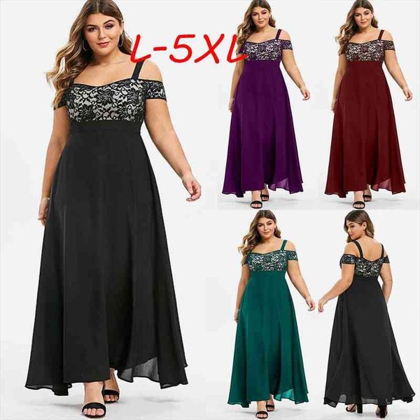 

women plus size cold shoulder floral lace maxi party evening camis long dress l-5xl vestido robe vestidos sukienki elbise, Black;gray