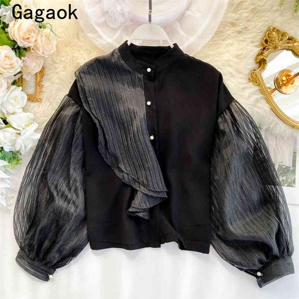 

chiffon shirts women summer stand ruffles solid streetwear see through retro blouse korean fashion wild chic blouses 210531, White