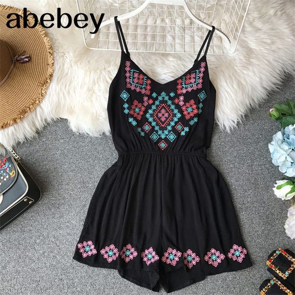 

women summer embroidery flower adjustable girdle wide leg playsuit costumes backless beach romper for 210512, Black;white