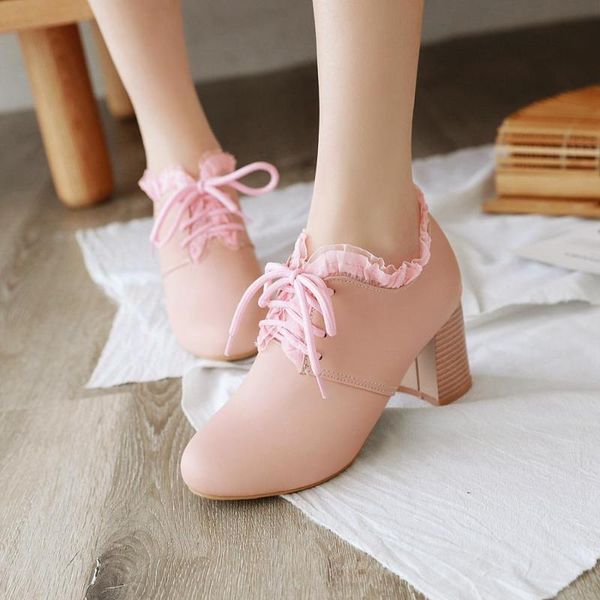 

dress shoes pqecfs big size 32-46 spring & autumn solid fashion women lace-up heel square heels pumps 3 colors, Black