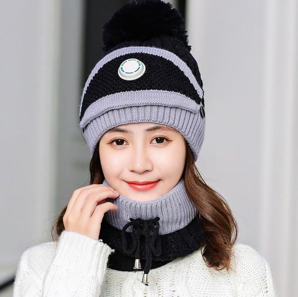 

3pcs beanie for women skull caps with carf mask plush thick woolen hats winter windproof breathing valve knit cap, Blue;gray