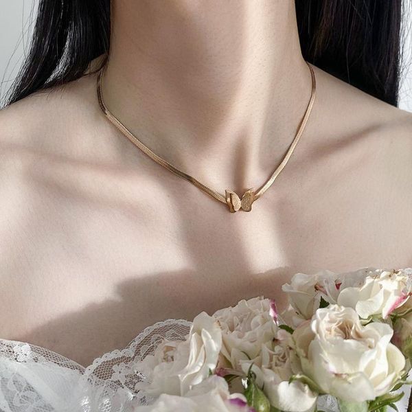 

pendant necklaces titanium steel butterfly necklace light luxury stainless snake chain collar bone female personality, Silver