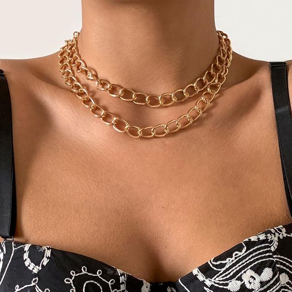 

chains ingesight.z 2pcs/set miami curb cuban chain chunky choker necklaces multi layered gold color thick collar neck jewelry, Silver
