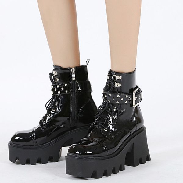 

fashion punk cool platform goth chunky women shoes zipper buckle rivet metal grunge fashion punk ladies boots, Black