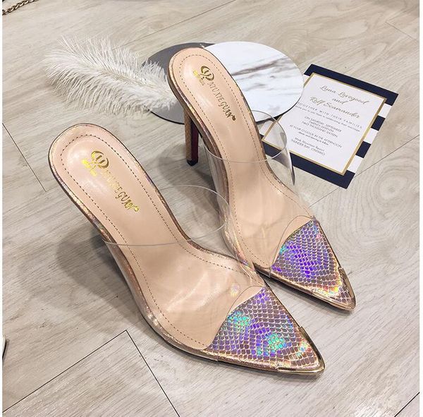 

slippers women peep toe summer pvc transparent shoes sandals clear slides shallow high heels 11.5cm outdoor pumps, Black