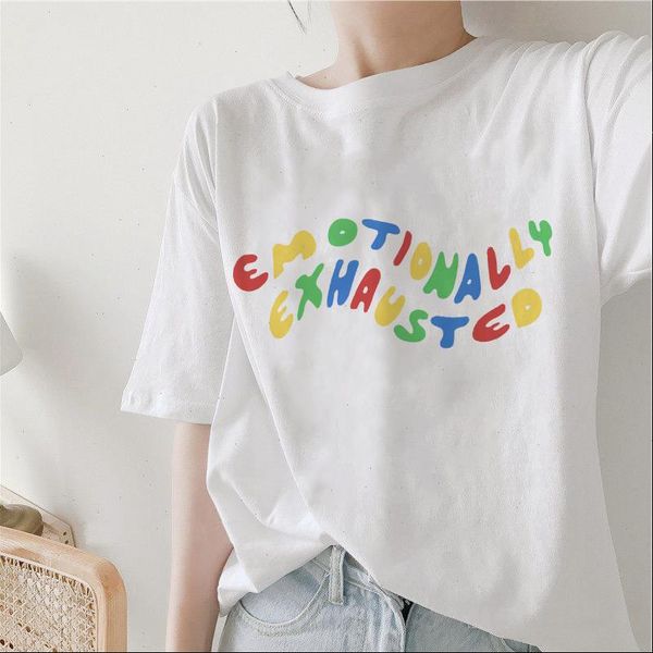

summer harajuku womens t shirts gothic streetwear emotionally exhauste vintage casual fun letter loose women clothing print, White