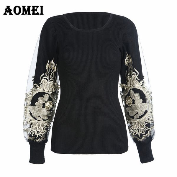 

womens spring sweater embroidery golden pullover crew neck long sleeve jumper slim black bodycon knitted 11 sale 210416, White;black