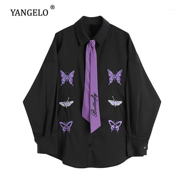 

women's blouses & shirts womens blouse gothic black autumn long sleeve butterfly embroidery harajuku streetwear casual loose turn down, White