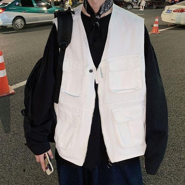 

men's vests autumn zipper denim vest fashion solid color multi-pocket tooling men streetwear loose hip-hop jacket mens, Black;white
