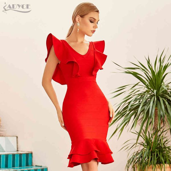 

summer women red ruffles bodycon bandage dress sleeveless mermaid club celebrity evening runway party 210423, Black;gray
