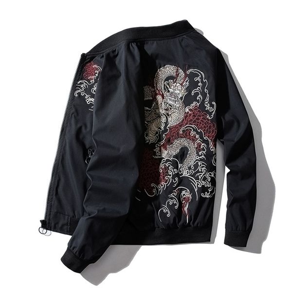 Giacca bomber invernale da uomo Drago ricamo cinese pilota retrò rock hip hop gioventù streetwear high street maschio 210811