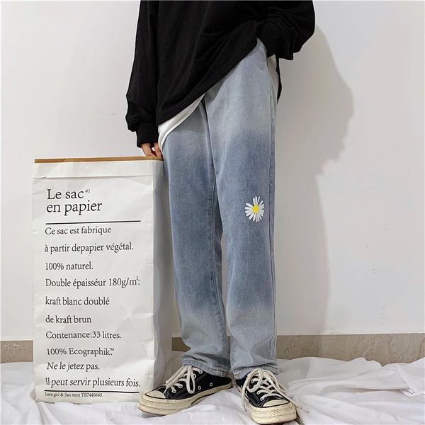 

women's jeans vintage washed for women 2021 autumn pants female harajuku flower print loose high waist gradient trousers, Blue