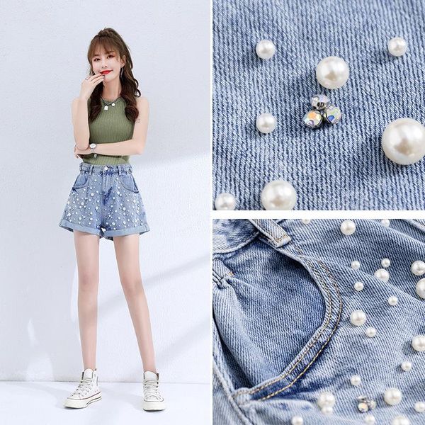 

women's shorts 8037 pearl jeans women fashion summer soft comfortable elegant high waist casual washed simple denim short pants office, White;black