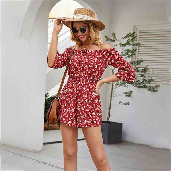 Boho Sommer Strampler Frauen Overall Blumendruck Schulterfrei Spielanzug Lässig Breites Bein Strand Rot Overalls 210427