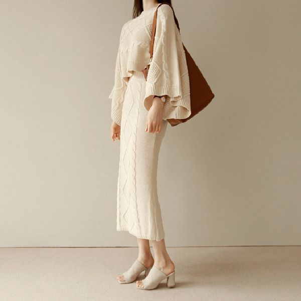 

korean fashion knitted 2 piece set twist crochet batwing sleeve loose sweater crop and split bodycon skirt women's suits 210416, White
