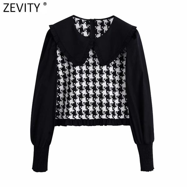 

women o neck puff sleeve patchwork houndstooth casual smock shirts ladies roupas femininas short blouses ls7351 210420, White