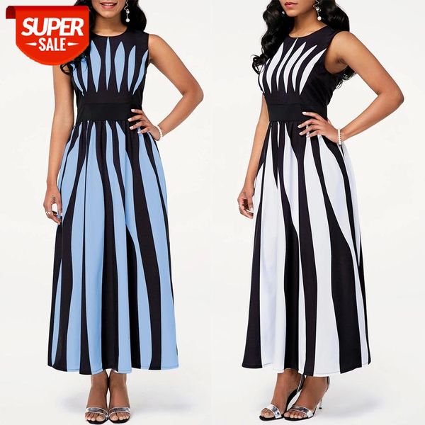 

women's fashion stripe printed beach tunic sleeveless round neck tank casual elegant maxi dress ladies loose long sundress #ba4j, White;black