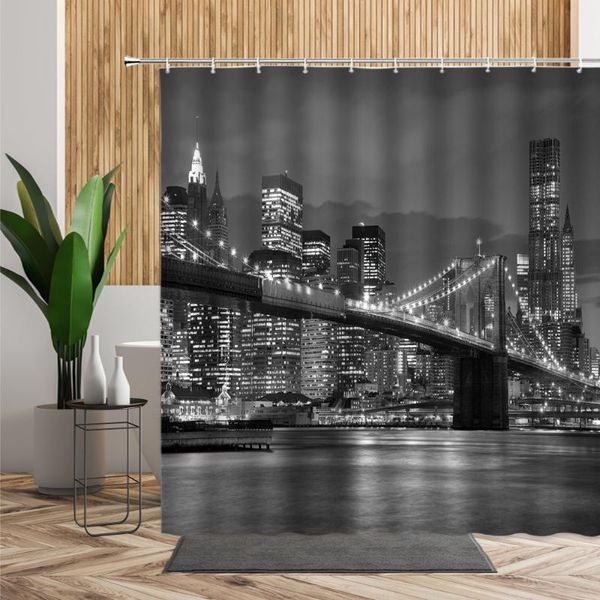 

shower curtains york night landscape curtain modern city bridge building bath 3d retro black white po bathroom decors set