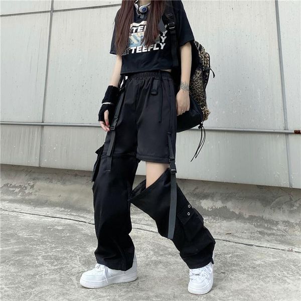 

women's pants & capris removable korean style summer clothing casual cargo high waist loose elastic straight trousers 2021, Black;white