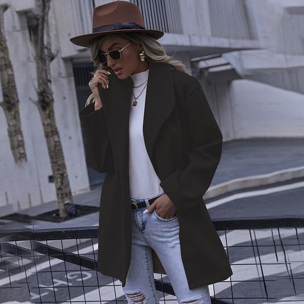 

women's wool & blends 2021 autumn and winter jacket fashion hooded mid-length woolen coat women 7 colors available, Black