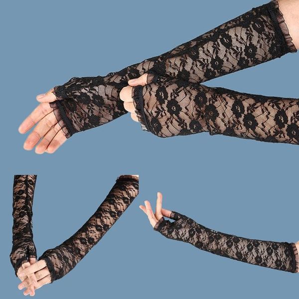 

five fingers gloves 40gc women summer sun protection mesh long wedding floral lace ruffles trim driving cycling fingerless sleeves arm, Blue;gray