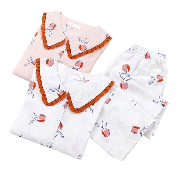 

women's sleepwear selling cute sweet strawberry printed women turn-down collar gauze cotton loose pajamas sets spring 2pcs hom, Black;red