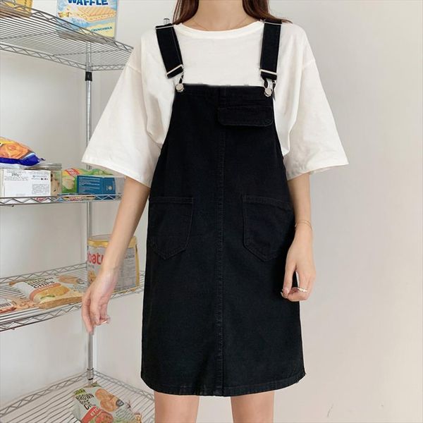 

summer strap denim teen women dresses girl plus size slim sleeveless white sundress overalls female black short jeans mini, Black;gray