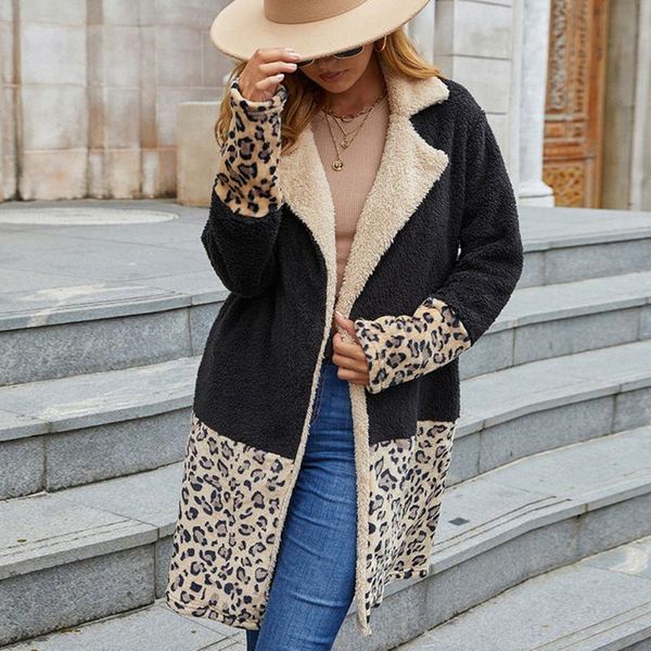 

women's wool & blends 2021 autumn winter fashion woolen coat splicing leopard womens plus velvet thicken warm lapel long sleeve jacket, Black