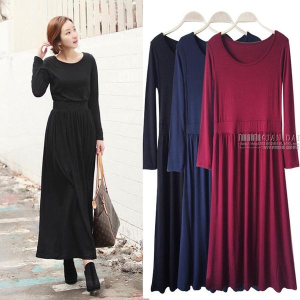 

casual dresses spring and autumn modale long-sleeved dress female korean version round collar waist pleated girl, Black;gray