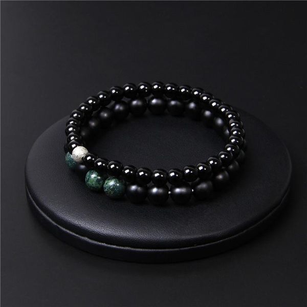 

beaded, strands 2pcs/set natural onyx stone beaded bracelet charm 8mm turquoises beads bracelets healing yoga jewelry for women men, Black