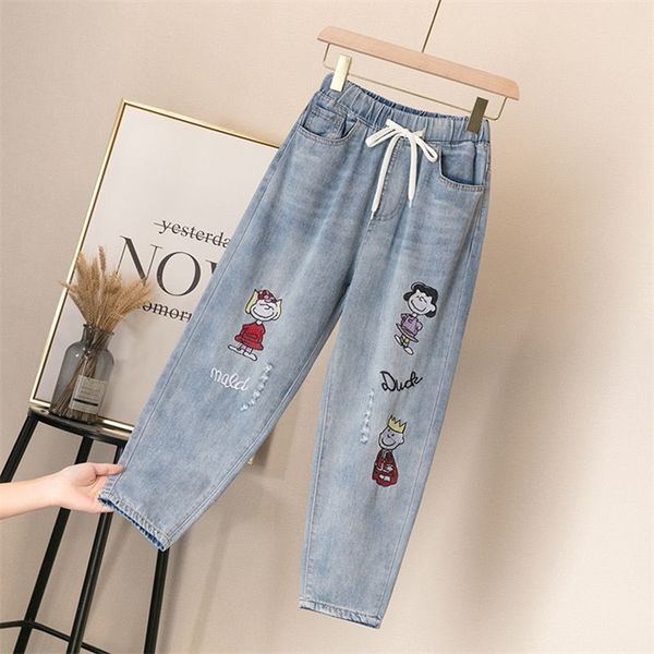 

ripped high mom jeans plus size denim pants for women female vintage embroidery elastic waist ankle length trousers baggy, Blue
