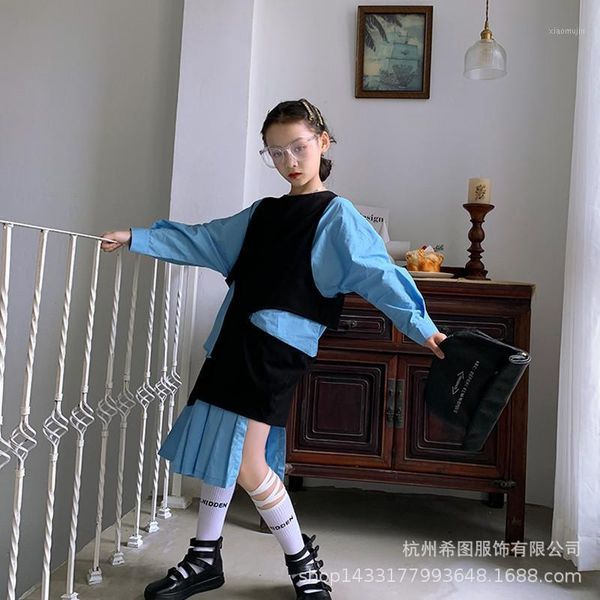 

girl's dresses 2021 autumn girls skirt korean mid-length dress a-line vest two-piece, Red;yellow