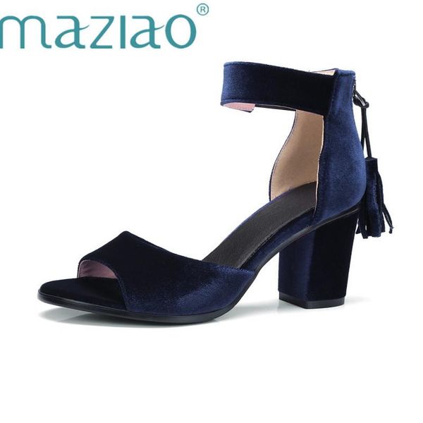 

elegant women flock chunky heel ankle strap sandals fashion fringe party summer shoes with back zipper plus size 33-43, Black